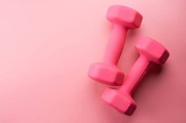İki pembe kadın dambıl, arka planda izole edilmiş, fotokopi alanı ile yakın plan. Fitness konsepti, kilo kaybı ve spor aktivitesi, üst görünüm, düz yatış
