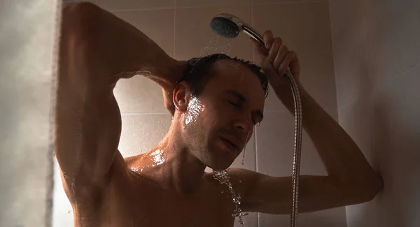 Portrait Young Handsome Man Washes Himself Shower Gel Lathers Head — Stock Photo, Image