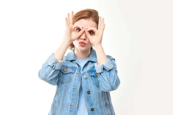 Young Red Haired Woman Shows Glasses Her Hands Looks Straight — Fotografia de Stock