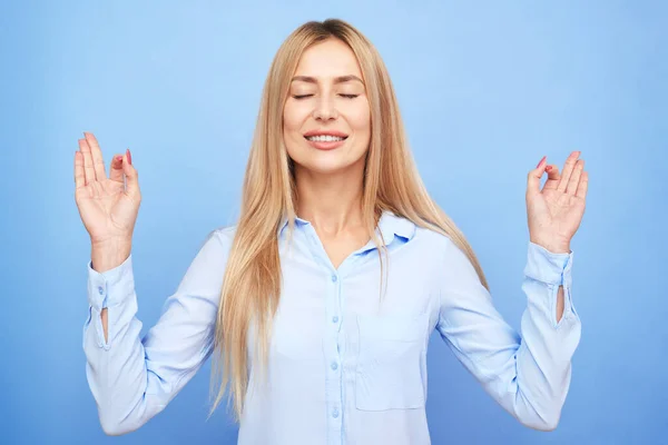 Businesswoman Blue Shirt Keeps Eyes Closed Holding Fingers Mudra Gesture — Photo