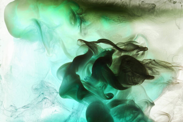 Green smoke cloud underwater background. Abstract swirling ocean, vibrant emerald color silk. Concept hookah, perfume, aroma wallpaper