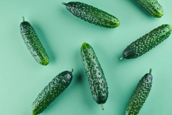 Frische Ganze Gurken Auf Grünem Hintergrund Lebensmittelmuster Garten Gurke Tapete — Stockfoto