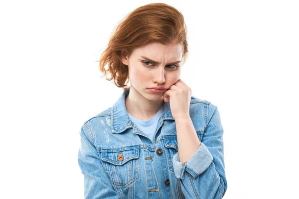 Young Red Haired Woman Pondered Resentment Disappointment Girl Model Blue — Stock Photo, Image