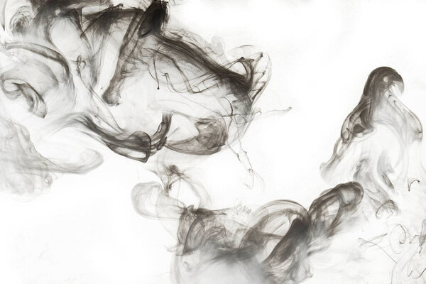 Abstract paint in water background. Black smoke cloud in motion on white, acrylic swirl splashes