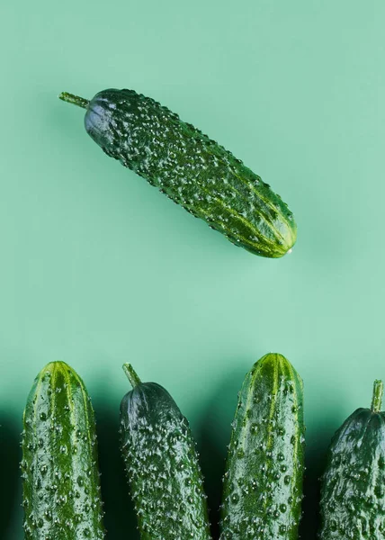 Frische Ganze Gurken Auf Grünem Hintergrund Lebensmittelmuster Garten Gurke Tapete — Stockfoto