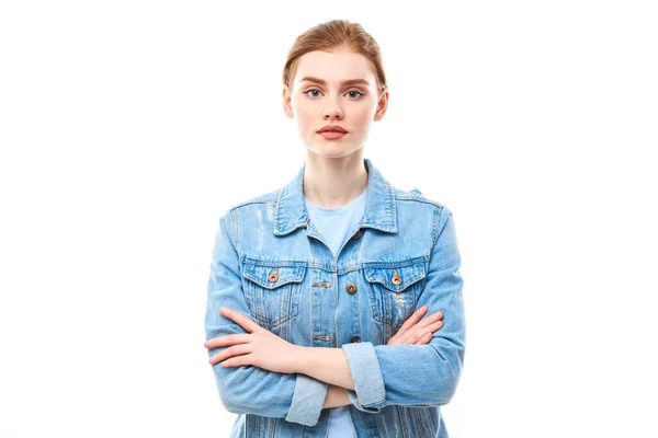 Portrait Young Red Haired Girl White Isolated Background Jeans Looks — Stock Photo, Image