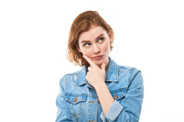 Portrait Young Attractive Beautiful Thoughtful Redhead Female Student Thinking Looking — Stock Photo, Image