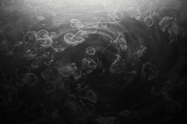 Su arka planında soyut koyu boya. Siyah üzerinde beyaz duman bulutu hareketi, akrilik mürekkep sıçraması