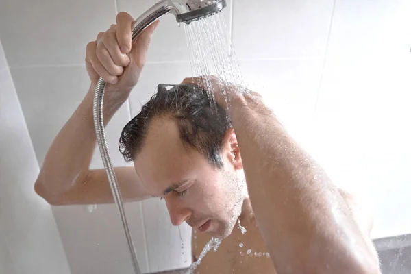 Portrait Young Handsome Man Washes Himself Shower Gel Lathers Head — Stock Photo, Image