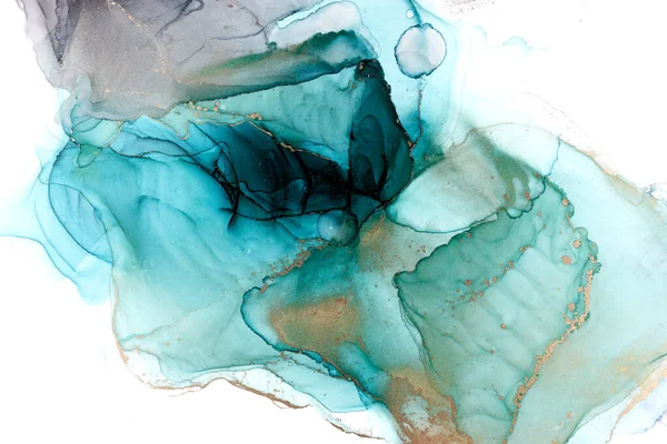 Luxury emerald abstract background in alcohol ink technique, aquamarine gold liquid painting, scattered acrylic blobs and swirling stains, blue green printed materials