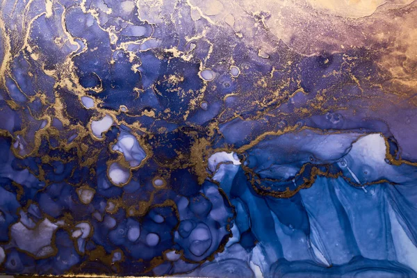 Luxe Abstracte Achtergrond Alcohol Inkt Techniek Indigo Blauw Goud Vloeibaar — Stockfoto