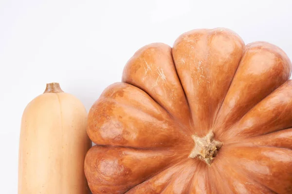 Primo Piano Due Diverse Zucca Arancione Cruda Isolata Sfondo Bianco — Foto Stock