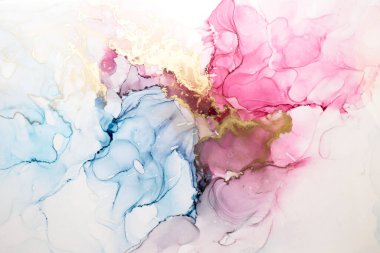 Alkol mürekkebi tekniğinde lüks renkli soyut arka plan, altın sıvı mermer boya dokusu, dağınık akrilik damlalar ve girdap lekeleri, basılı malzemeler.