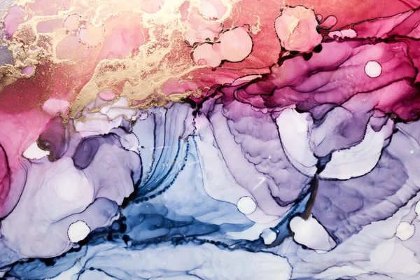 色彩艳丽的酒精油墨技术的抽象背景 金色水彩画大理石质感 分散的丙烯酸斑点和旋转的污迹 印刷材料 — 图库照片