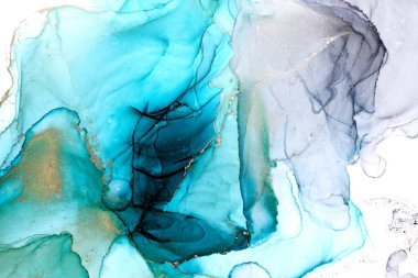 Alkol mürekkebi tekniğinde lüks zümrüt soyut zümrüt tablosu, akrilik lekeler ve dönen lekeler, mavi yeşil baskılı malzemeler.