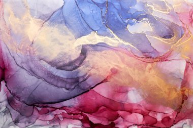 Alkol mürekkebi tekniğinde lüks renkli soyut arka plan, altın sıvı mermer boya dokusu, dağınık akrilik damlalar ve girdap lekeleri, basılı malzemeler.