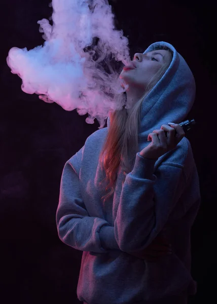 Portrait Beautiful Blonde Girl Gray Hoodie Smokes Vape Isolated Black — Stock Photo, Image