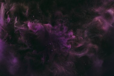 Abstract fluid art background. Moving flow of purple gold paints, dark space sky