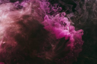 Abstract fluid art background. Moving flow of purple gold paints, dark space sky