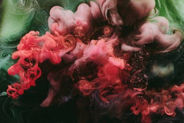 Soyut kırmızı yeşil arka plan. Hareketli duman akışı, sıvı sıvı sanat