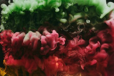 Soyut kırmızı yeşil arka plan. Hareketli duman akışı, sıvı sıvı sanat