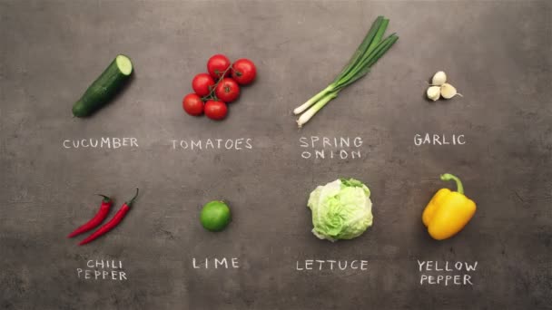 Múltiples ingredientes de la receta con signos calcáreos — Vídeo de stock