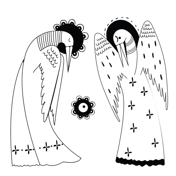 Ensemble de deux grues stylisées en robes — Image vectorielle