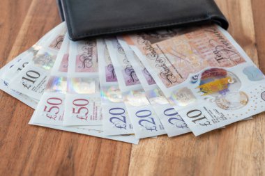 İngiliz sterlini parası olan siyah bir parti. Ticaret konsepti için deri cüzdanda United Kindom faturaları.