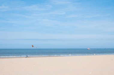 Baba ve oğul kumsalda uçurtmayı ellerinde tutuyorlar. Birlikte tatiller, seyahatler ya da yaz tatilleri geçiririz. Okyanus ya da deniz kenarında oynayan bir çocuk.