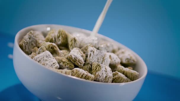 Derramando leite em Mini Wheats Cereal — Vídeo de Stock
