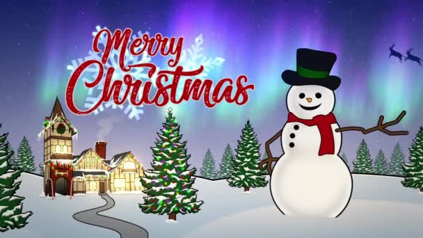 Merry Christmas Animated Card with Snowman at North Pole — Stock Video