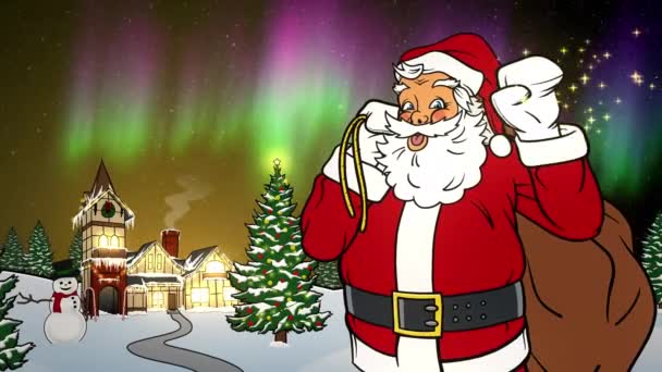 Санта-Клаус ждет затмения на Севере ночью — стоковое видео