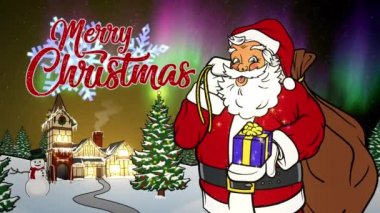 Gece Kuzey Kutbu 'nda Noel Baba' yla Mutlu Noeller Animasyon Kartı