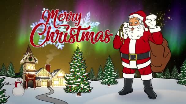 Merry Christmas Animated Card with Santa Waving at North Pole at Night — Stok Video