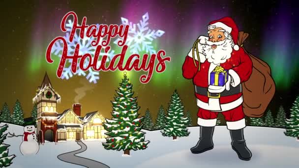 Happy Holidays Animowana karta z Mikołajem na Biegunie Północnym w nocy — Wideo stockowe