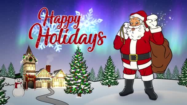 Happy Holidays Animated Card with Santa Waving at North Pole — Stock Video