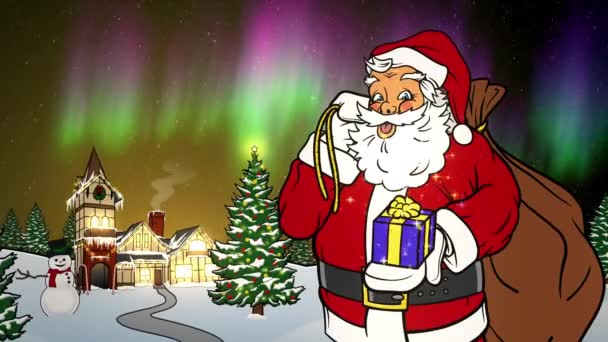 Noel Baba Gece Kuzey Kutbunda Yaklaş — Stok video