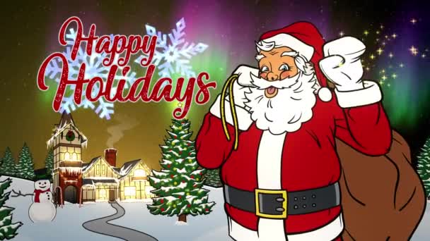 ( 영어 ) Happy Holidays Animated Card with Santa Waving Close at North Pole at Night — 비디오