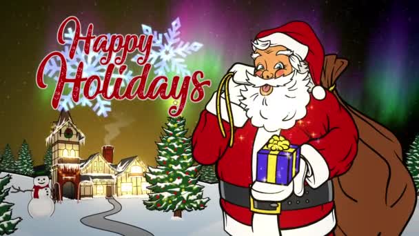 Happy Holidays Animated Card met Santa Close-up op de Noordpool 's nachts — Stockvideo