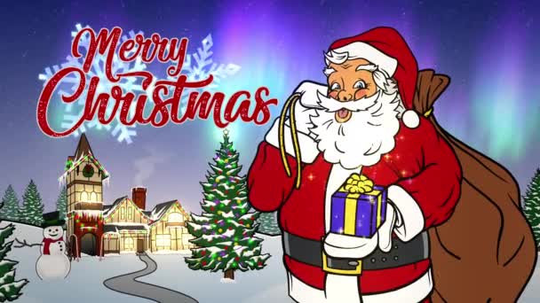 Merry Christmas Animated Card with Santa Close Up at North Pole — Stock Video