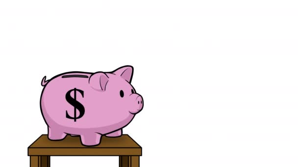 Piggy Bank ilustração animada adicionando dinheiro em branco — Vídeo de Stock