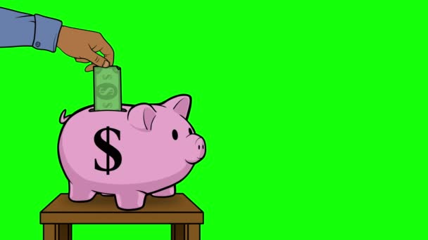 "Свиной банк" анимировали, добавив денег на зеленый экран — стоковое видео