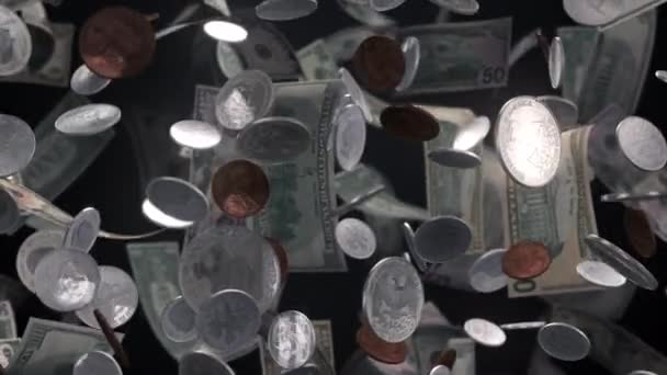 Regen geld en munten op zwart — Stockvideo