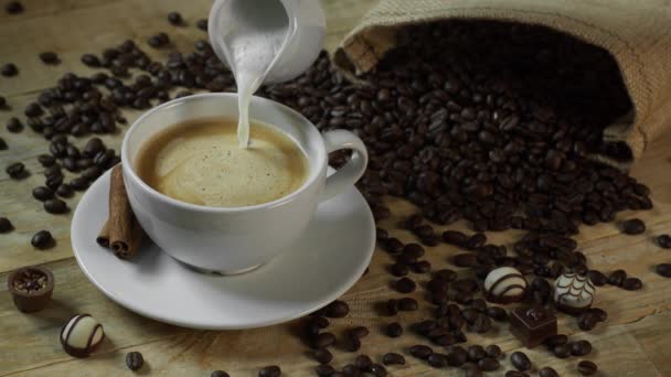 Milk Cream Poured into Cafe Latte Coffee — Stock Video