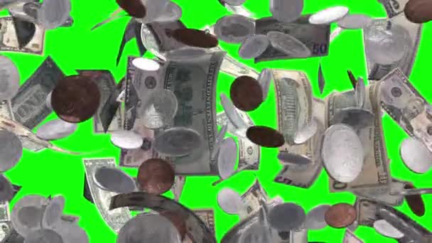 Lluvia de dinero y monedas en pantalla verde — Vídeo de stock