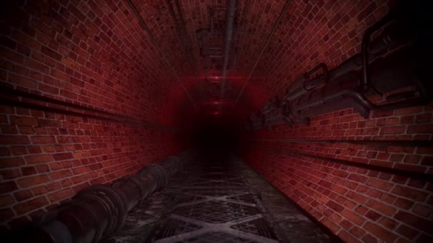 Ürkütücü Tuğla Endüstriyel Lağım Tüneli Kırmızı Alarm Işıkları — Stok video