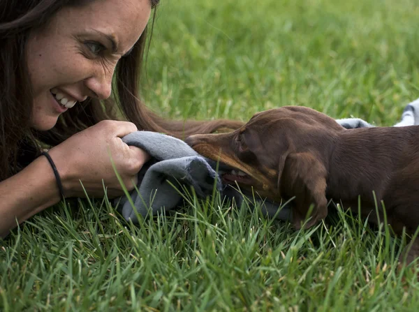 Kız oyun tug-o-savaş köpeği ile