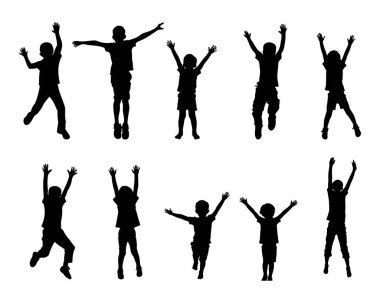 Aktif erkek çocukları siluetleri dinamik oyun, spor markaları için park güvenliği kampanyaları ve çocukların refahı için bir vektör oluşturuyor. Vektör illüstrasyonu