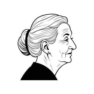 Yaşlı kadın profili, aile tarihi projeleri ve belgesel görselleri için kalıtım temaları için zamansız yaşlanma vektörü detaylandırdı. Vektör illüstrasyonu