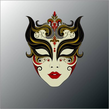 Siyah, altın ve kırmızı aksanlı çok detaylı bir süs maskesi. Gizem, kültür, karnaval, festival tasarımları ve dekorasyon için ideal.